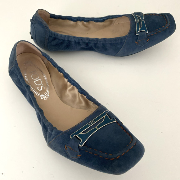 TOD's Ballet Flat Square Toe Blue Scrunch Elastic Suede Slip On Loafer 7.5 - Picture 10 of 12
